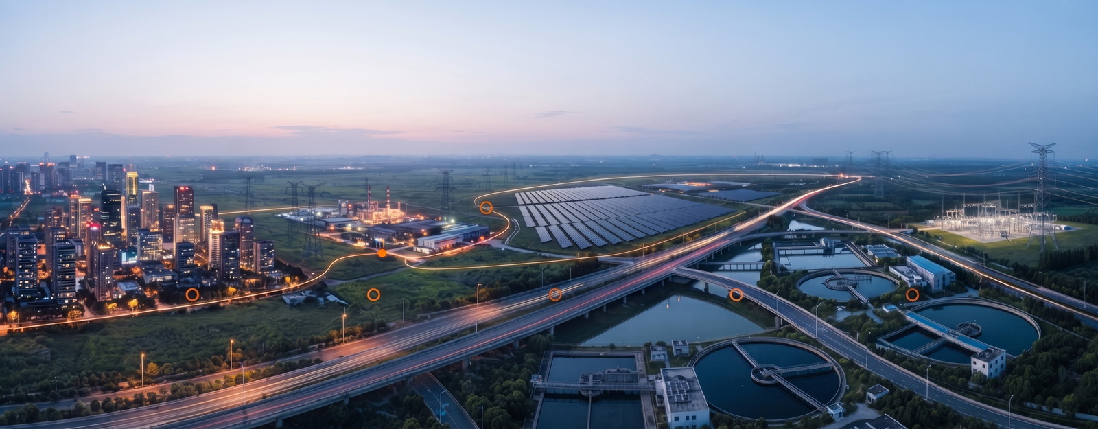 Aerial view of a city, solar farm and grid infrastructure connected by one glowing cable route