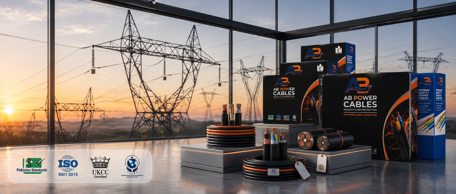 AB Power Cables product lineup with transmission tower backdrop at sunrise